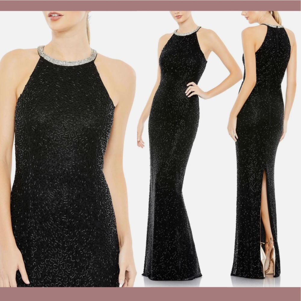 NWT $498 Mac Duggal [ 16 ] Beaded‎ Sleeveless High Neck Column Gown Black